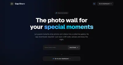 Cap Share public event join page in dark mode with an event-code field and dashboard access