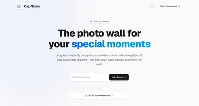 Cap Share public event join page in light mode with an event-code field and dashboard access