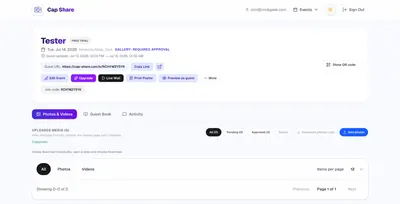 Cap Share host event dashboard with guest link, QR code, live wall, poster, approval filters, guest book, and media controls