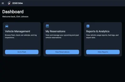 ECHO Drive desktop dashboard in dark mode with vehicle, reservation, and reporting areas