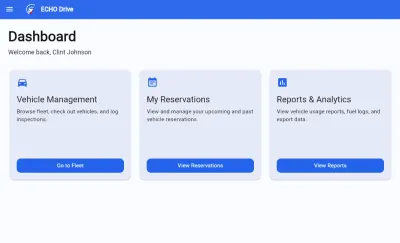 ECHO Drive desktop dashboard in light mode with vehicle, reservation, and reporting areas