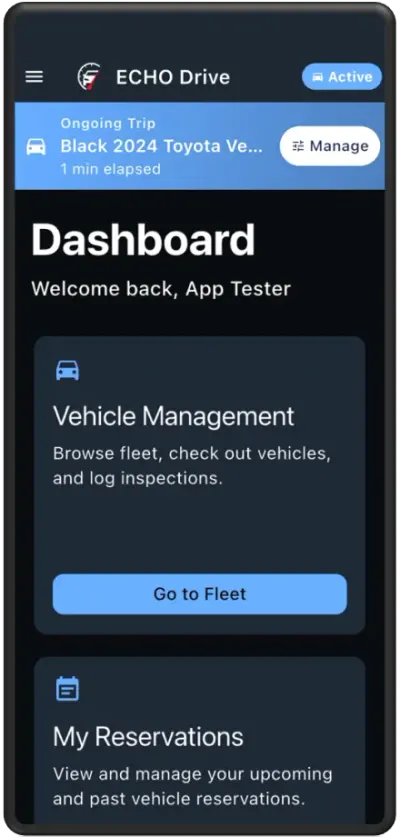 ECHO Drive mobile dashboard in dark mode with an ongoing trip and fleet actions