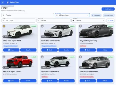 ECHO Drive desktop fleet view with availability filters and six vehicle cards