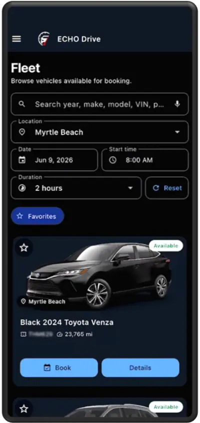 ECHO Drive mobile fleet search in dark mode with availability filters and a vehicle card