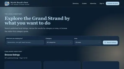 Dark-mode Myrtle Beach’s Best directory with keyword, category, and area filters above published local listings