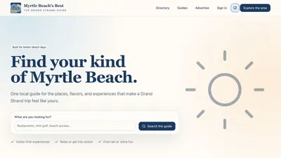 Light-mode Myrtle Beach’s Best homepage with a Grand Strand search field and visitor-first trip guidance