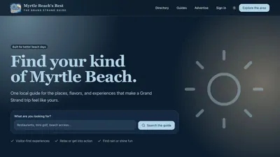Dark-mode Myrtle Beach’s Best homepage with a Grand Strand search field and visitor-first trip guidance