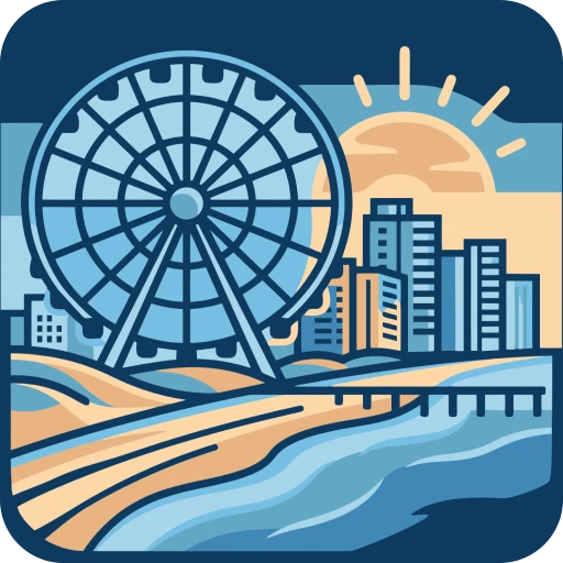 Myrtle Beach’s Best icon illustrating the SkyWheel, beachfront skyline, ocean, and pier