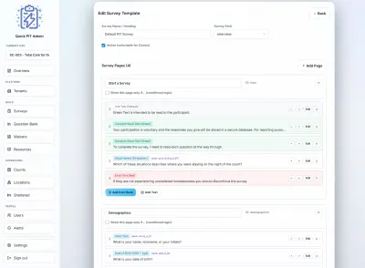 Quick PIT admin survey builder editing a multi-page PIT interview with reusable question types