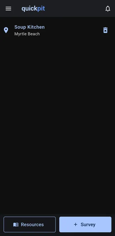 Quick PIT mobile field screen showing a Soup Kitchen location in dark mode