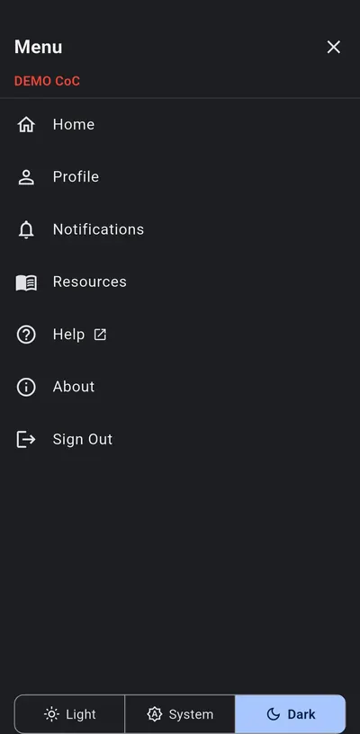 Quick PIT mobile navigation menu in dark mode with profile, notifications, resources, help, and appearance controls