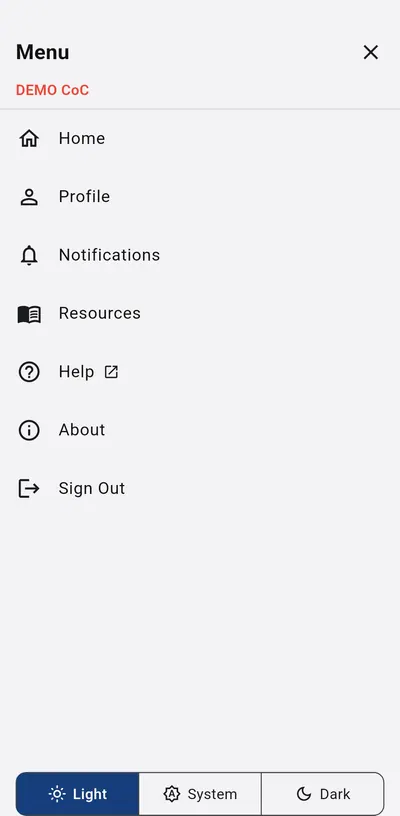 Quick PIT mobile navigation menu in light mode with profile, notifications, resources, help, and appearance controls