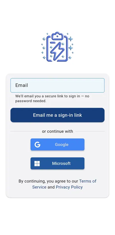 Current Quick PIT mobile sign-in screen with email, Google, and Microsoft authentication options