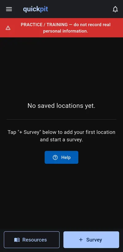 Quick PIT mobile training screen explaining how to add a first location and start a survey